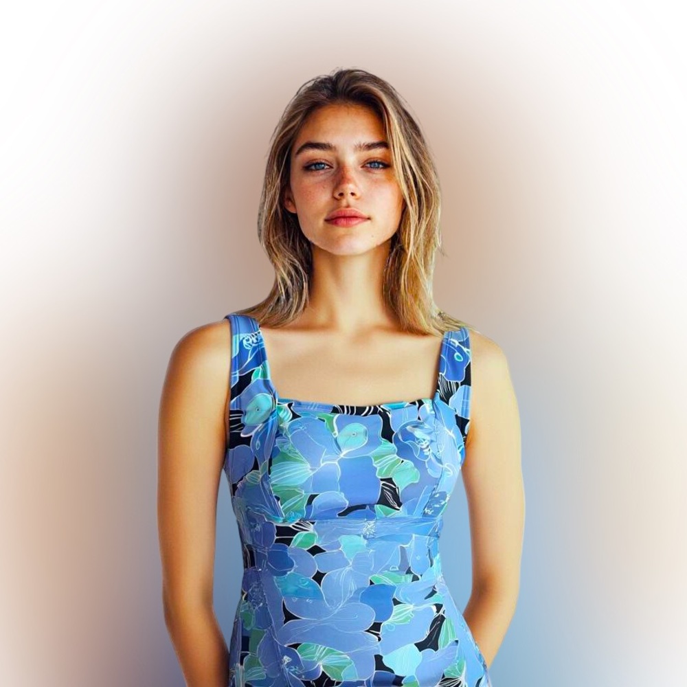 Lands End Square Neck Underwire Tankini Swim Top Hawaiian floral blue 16W DDD